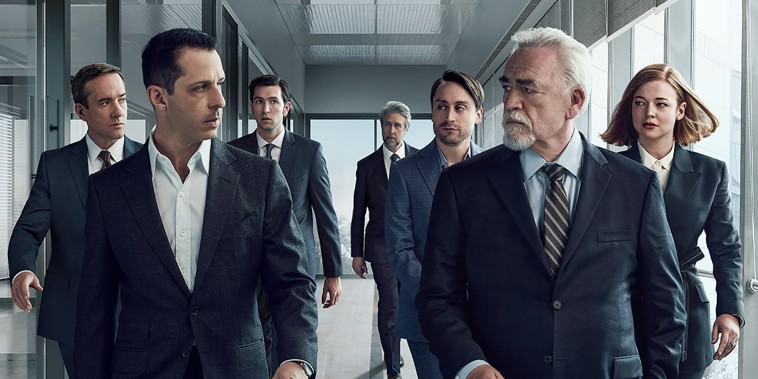Image: From left, Matthew Macfadyen, Jeremy Strong, Nicholas Braun, Alan Ruck, Kieran Culkin, Brian Cox, and Sarah Snook in Succession.