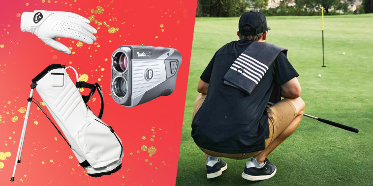 Illustration of a Bushnell V5 Patriot Pack Laser Range Finder, MNML Golf Bag in white, Callaway Dawn Patrol Women's Glove and a man squatting at a golf whole with a Nomadix Mini Towel: Poolside Black
