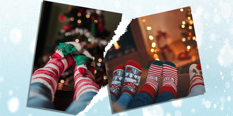 Illustration with two images of people wearing a fun pair of holiday socks