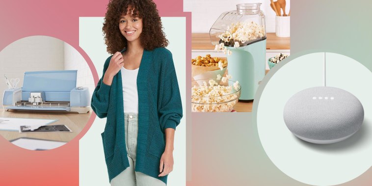 Illustration of a Cricut, Woman in a Cardigan, popcorn machine and a google nest all on sale at Target for Black Friday