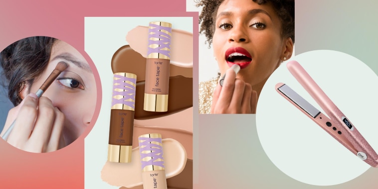 Image of a Woman putting on red lipstick, Woman putting on eye shadow, Tarte makeup and a hair straightner