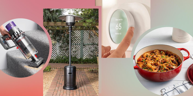 Illustration of a Dyson Vacuum, patio heater, Google Nest and Le Creuset Enameled Cast Iron