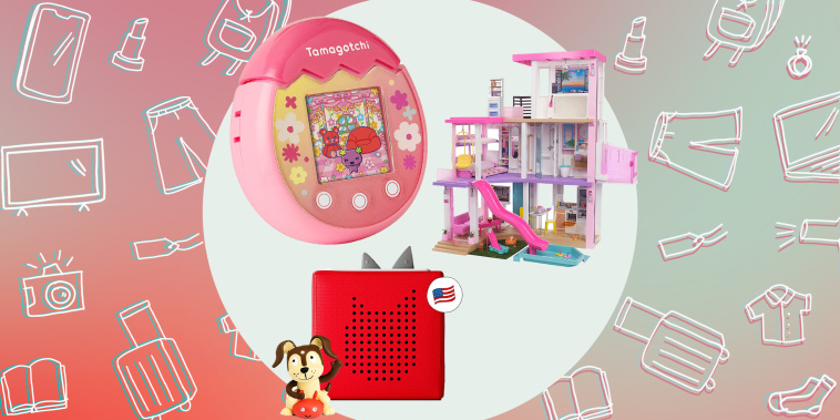 Illustration of Tamagotchi Pix, Barbie Dreamhouse 3-Story Dollhouse Playset, and Toniebox Audio Player Starter Set