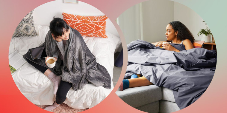 Split image of a Woman wearing the Brookstone Calming Weighted Throw Blanket and the Brooklinen Weighted Comforter
