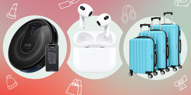 Illustration of Zimtown 3-Piece Spinner Luggage Set, Anker eufy RoboVac G30 Verge and AirPods Pro's 3 generation