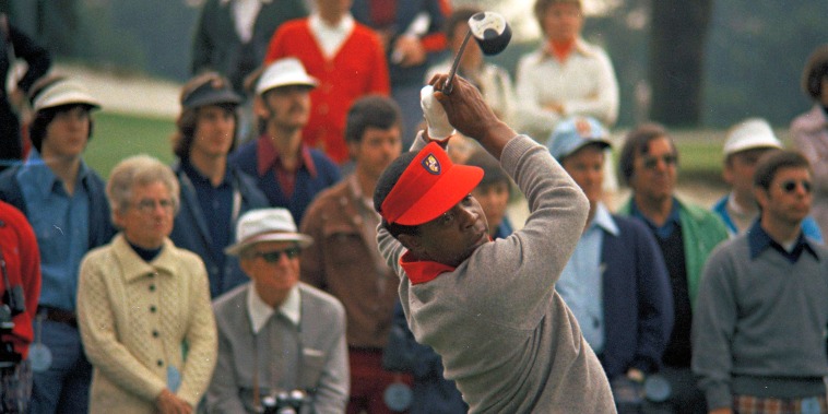 FILE - Lee Elder participates in the Masters Tournament at Augusta, Ga., May 9, 1975. Elder broke down racial barriers as the first Black golfer to play in the Masters and paved the way for Tiger Woods and others to follow. The PGA Tour confirmed Elder's death, which was first reported by Debert Cook of African American Golfers Digest. No cause or details were immediately available, but the tour said it spoke with Elder's family. He was 87. (AP Photo/Lou Krasky, File)