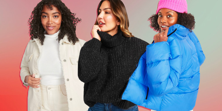 Three Women wearing cozy jackets on sale at Old Navy