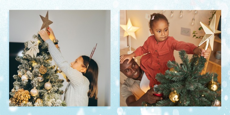 Illustration of a Father and Daughter Putting Topper on Christmas Tree and a Young girl putting a gold star on top of the Christmas tree