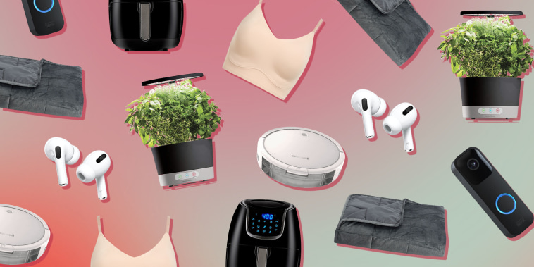 Illustration of the Blink Video Doorbell, AeroGarden Harvest, Altavida 12-Pound Ultra Plush Weighted Blanket, PowerXL Vortex 3qt Air Fryer, Apple AirPods Pro, Sony Wh-XB910N, True & Co. True Body Lift Full Cup Triangle Bra and  Bissell SpinWave