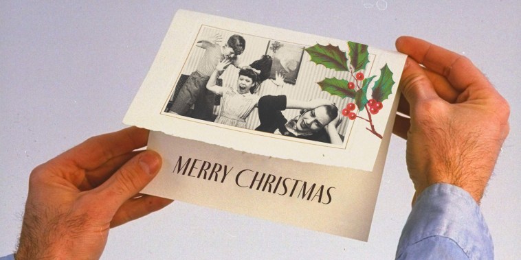 Photo illustration of a man holding a Christmas card with a photo of two children fighting and a distressed mother.
