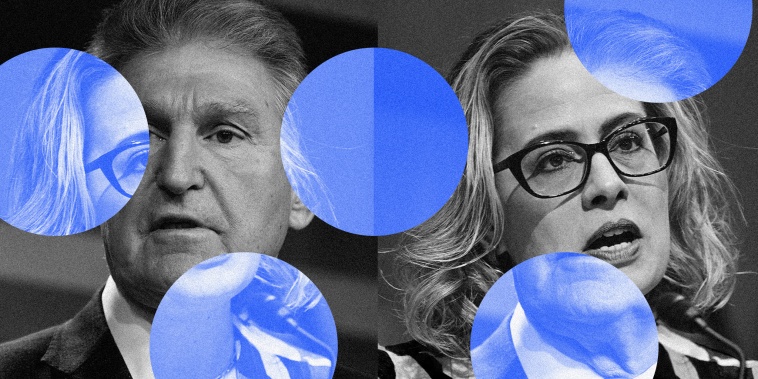 Photo illustration: Cut out circles on an image of Joe Manchin reveal an image of Kyrsten Sinema and vice versa.