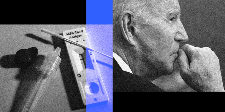 Photo illustration: Image of a rapid antigen self testing kit for Covid-19 with nasal swabs, tube and detection device and next to an image of Joe Biden.