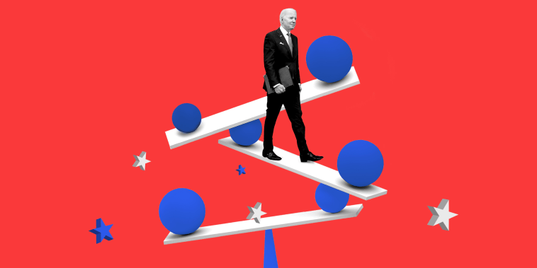 Photo illustration: Joe Biden walking along a beam on a delicately balanced structure with spheres and beams. Some stars are falling off from these beams.