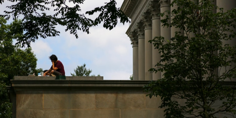 Image: A student sitting a reading on the Harvard University campus.