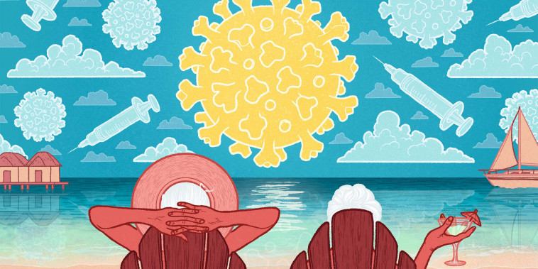Illustration of a retired couple lounging on a beach with a Covid spore-shaped sun and spore and vaccine-shaped clouds linger in the sky.