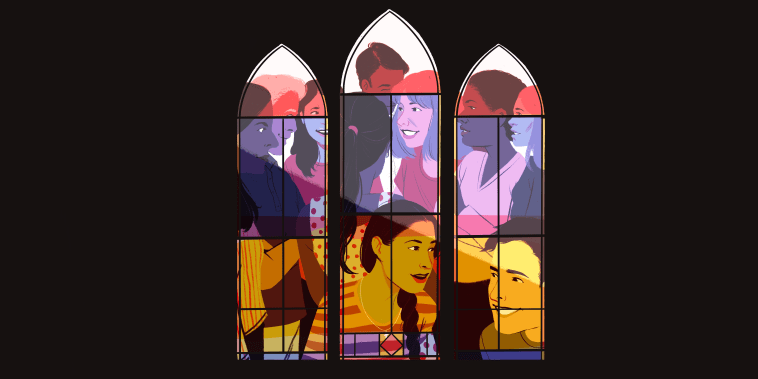 Illustration of various smiling figures in the form of a stained glass window