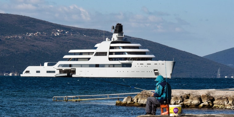 The superyacht Solaris, owned by the Russian oligarch Roman Abramovich, sails towards the luxury yacht marina Porto Montenegro, near Montenegrin city of Tivat, on March 12, 2022.