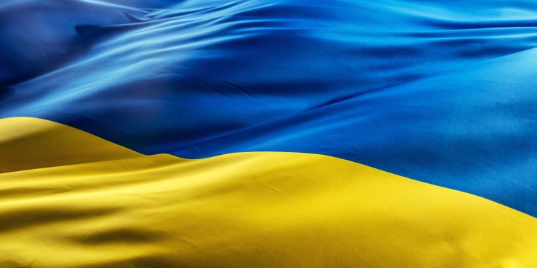 Ukrainian flag blowing in the morning light.