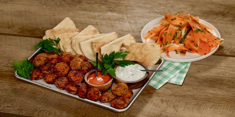 Crispy, buffalo falafel bites with a veggie-packed mezze platter is the perfect 30-minute vegetarian meal.