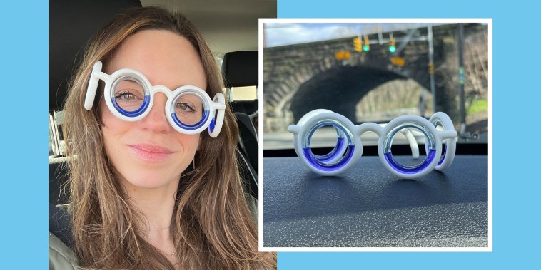 Two images of Jennifer Birkhofer wearing Anti-motion sickness glasses and the Anti-motion sickness glasses sitting on her car dashboard