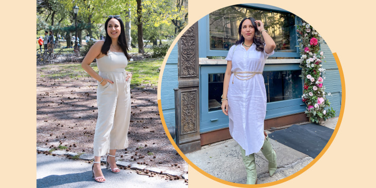 Jannely Espinal wearing two different linen outfit looks, outside