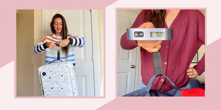 Two images of Katie Jackson holding a Etekcity Portable Luggage Scale