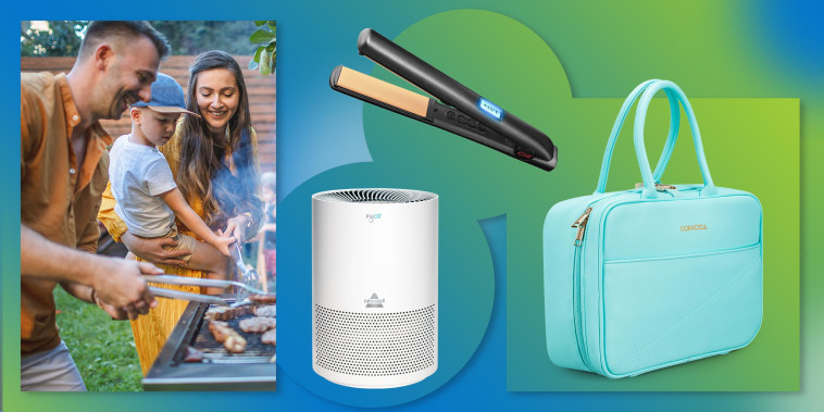 Illustration of the Bissell Myair 2780A Air Purifier, CHI Original 1-inch Digital Ceramic Flat Iron, Corkcicle Baldwin Boxer Lunchbox and a couple grilling together