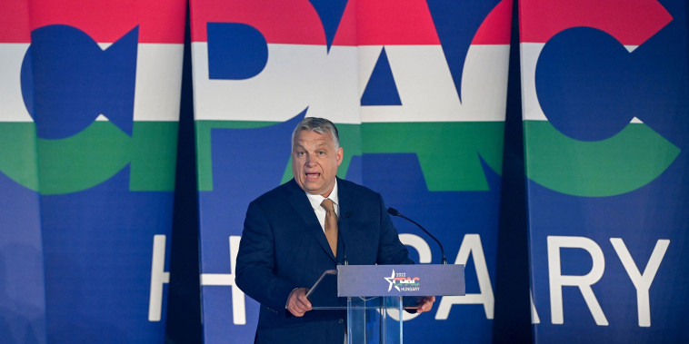 Image: Viktor Orban giving a speech against a background that reads, \"CPAC Hungary\"