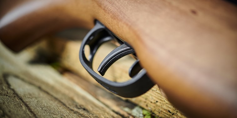The trigger and safety catch on a Pellpax Rabbit Sniper MkII air rifle on Dec. 4, 2019.