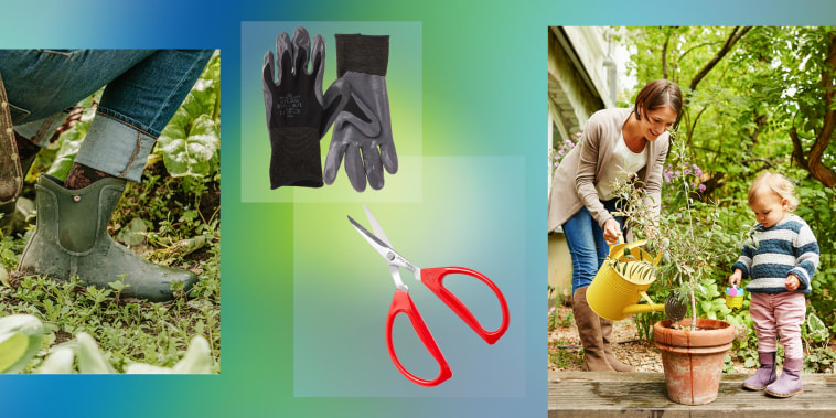 Woman wearing Suave Slip on Boots, Joyce Chen Red Original Unlimited Kitchen Scissors, Nitrile Palm Coating Glove and a family gardening