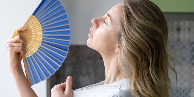 Tired Overheated Woman Using Wave Fan Suffer From Heat Sweating, Cools Herself, Feels Sluggis