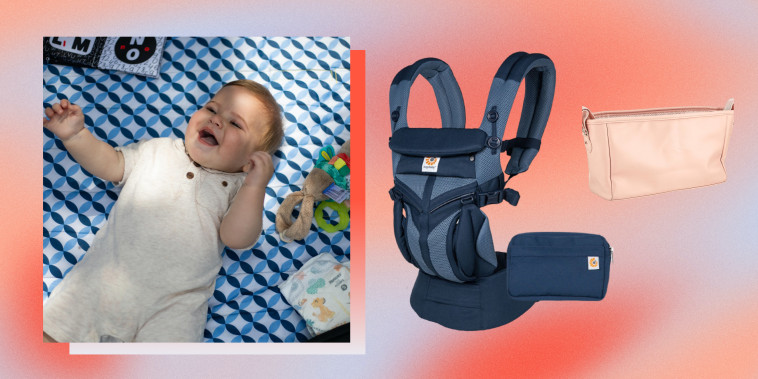Image of a Baby laying on a blanket, an ergo carrier and a stroller attachment