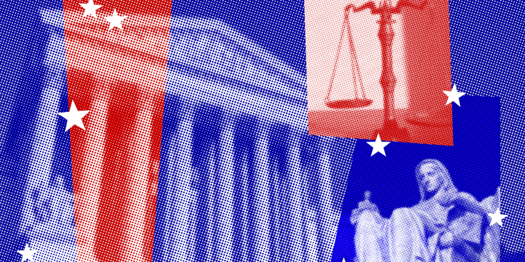 USA, Washington D.C., Pixelated graphic of Supreme Court Building with Contemplation of Justice statue and scale