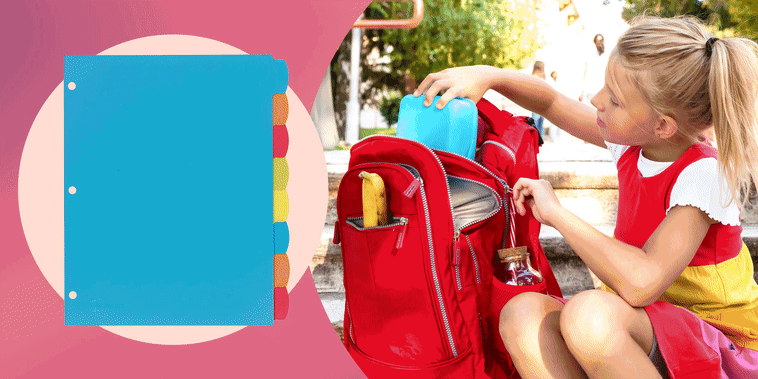 Illustration of back to school products and a little girl with her school backpack