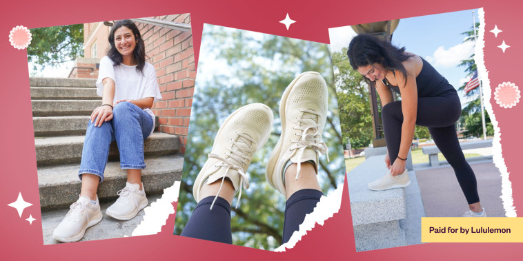 Three images of a Woman wearing Lululemon ivory sneakers