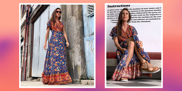 Split image of a Woman wearing the Zesica Bohemian Floral Maxi Dress