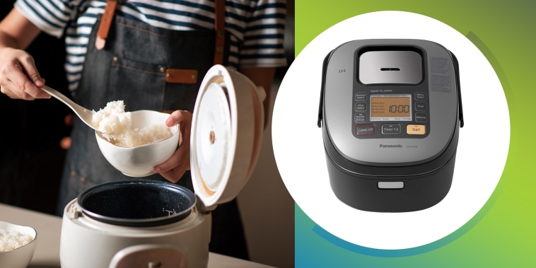 Panasonic 5 Cup (Uncooked) Japanese Rice Cooker and image of woman scooping rice from rice cooker