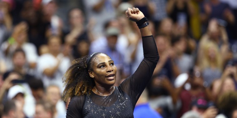 Serena Williams celebrates after defeating Danka Kovinic of Montenegro in a first round match at the U.S. Open on Aug. 29, 2022.