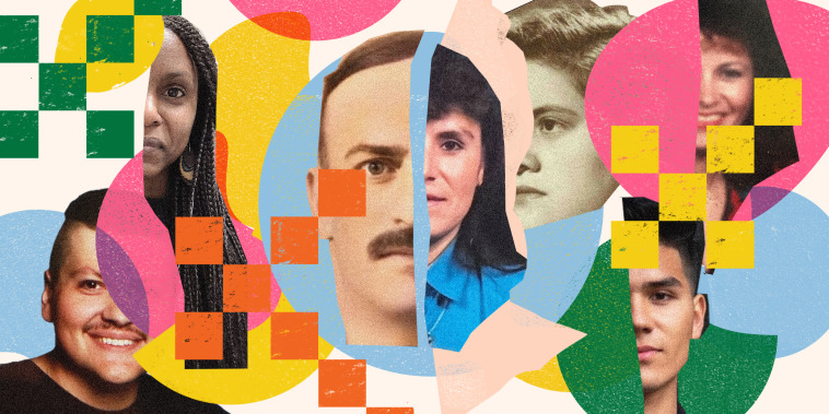 Illustration of Latinos and Latinas from different generations, collaged with multicolored grids and shapes.