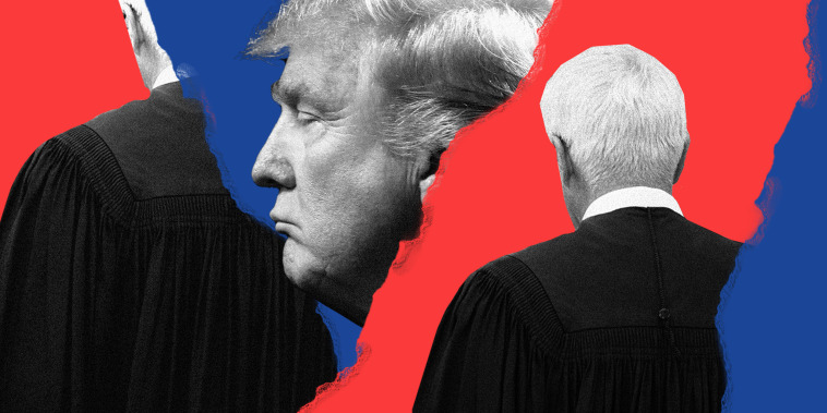Photo illustration: Image of Donald Trump between red and blue paper pieces and the backs of two judges.