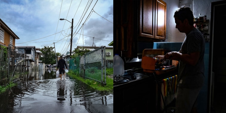Photo diptych: A man walks down a flooded street in Catano, Puerto Rico after Hurricane Fiona and a person cooks in the dark in a home in San Juan, Puerto Rico.
