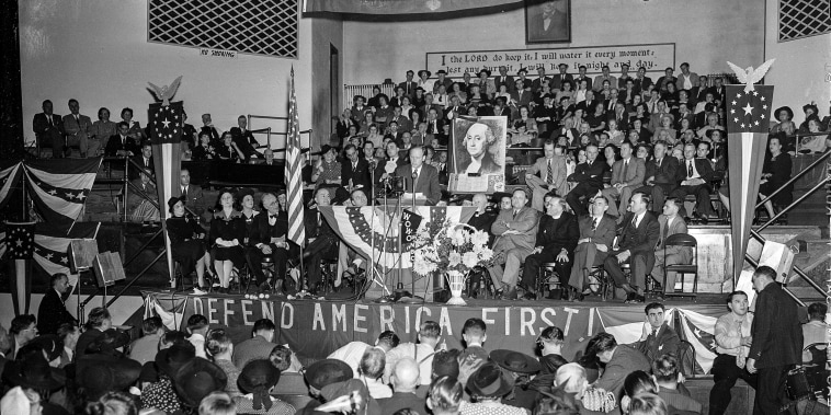 A crowd of over 4,000 people filled the Gospel Tabernacle in Fort Wayne, Ind., to hear Col. Charles Lindbergh, seen on the speaker's stand in the center, address a rally of the America First Committee on Oct. 3, 194.