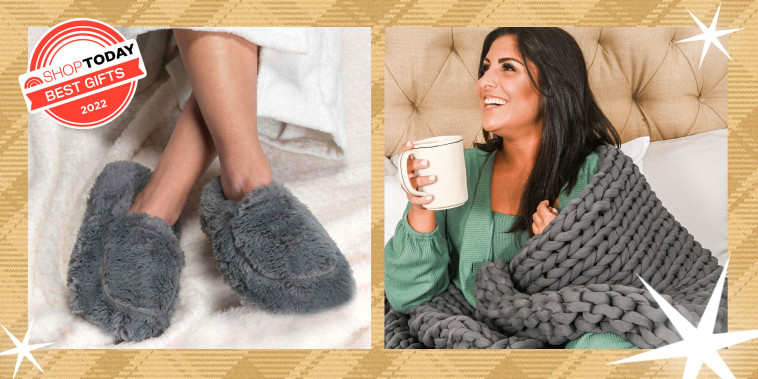 Cozy slippers and a cozy women in a blanket