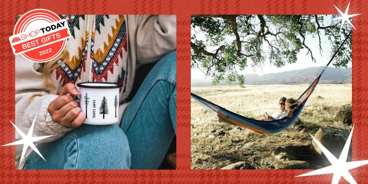 Woman with Camping mug and a couple on a hammock
