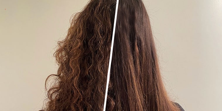 Split image of before and after using a hair tool
