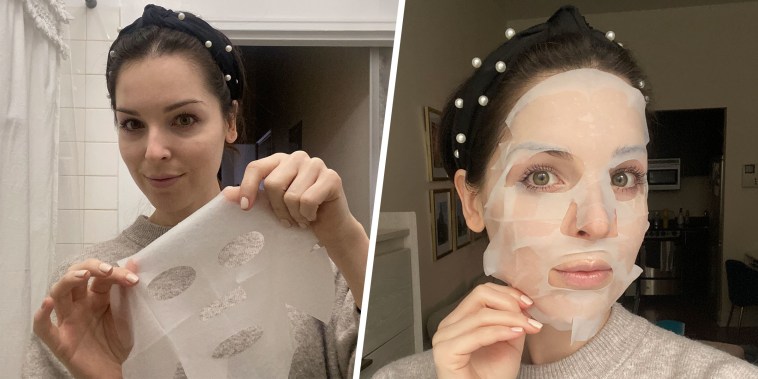 Split image of Woman wearing a TonyMoly sheet mask