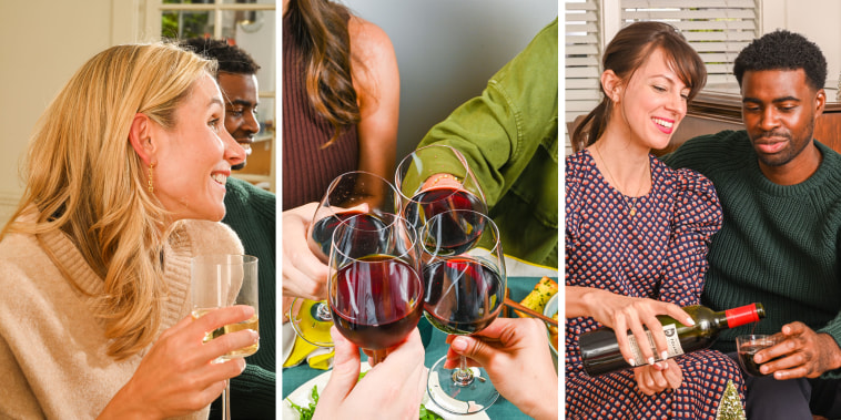 A couple pouring wine, a woman holding a wine cup and four wine glasses