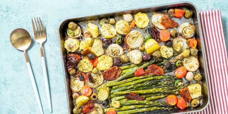 Roasted asparagus and potatoes in one pan.