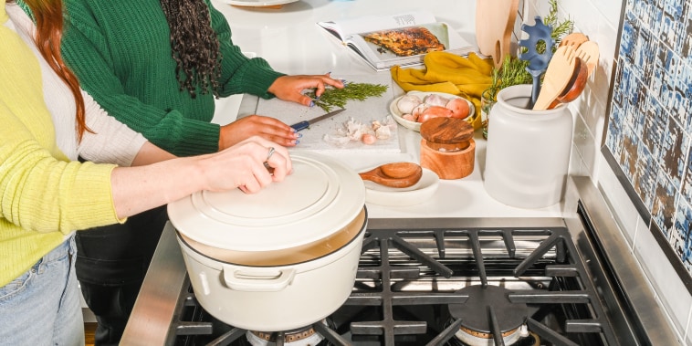 A white dutch oven in a kitchen