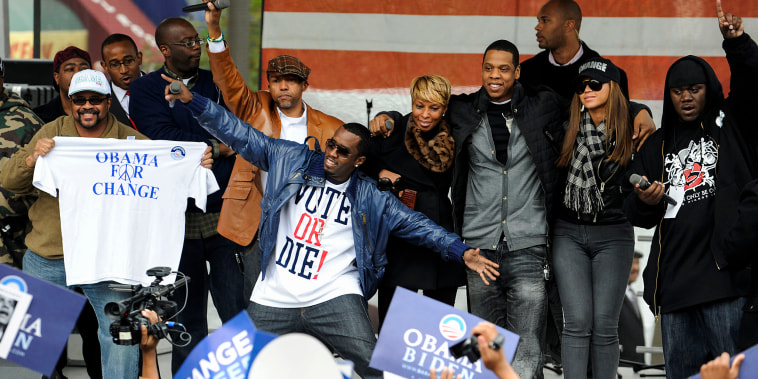 Record executive Kevin Liles, rapper Sean \"Diddy\" Combs, singer Mary J. Blige and rapper Jay-Z attend a \"Promote The Vote Block Party\" in support of Democratic presidential nominee Sen. Barack Obama on Nov. 3, 2008, in Philadelphia.